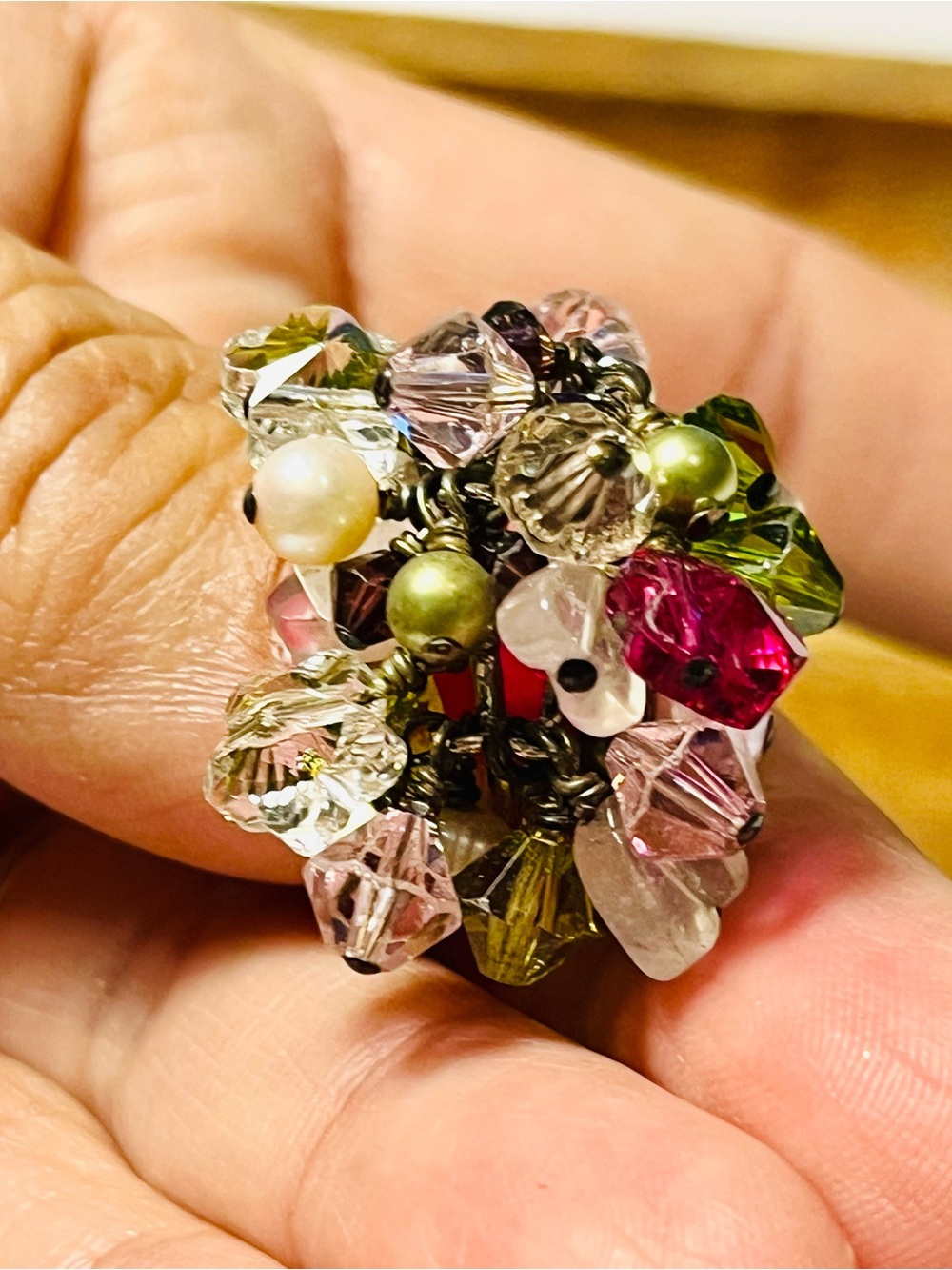 Vintage Cluster Bead Statement Ring in Pink, Green, and Clear adjustable $25 - Picture 2 of 9